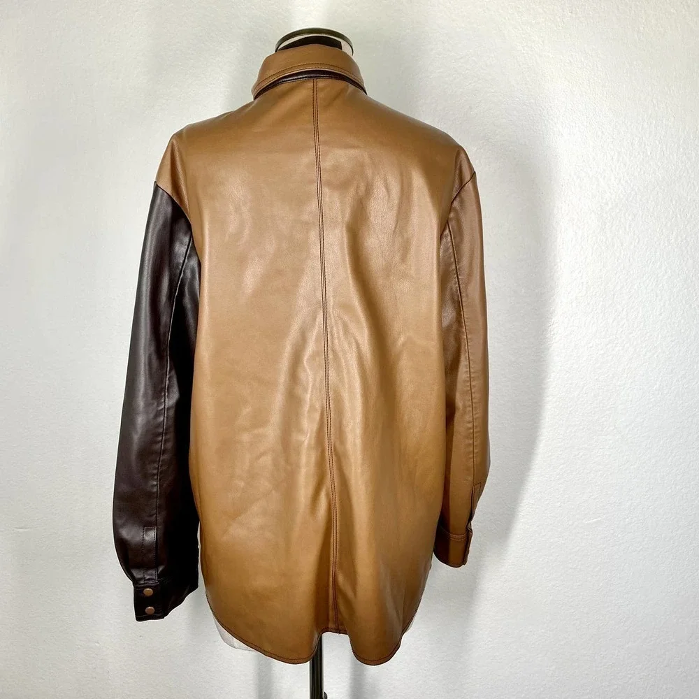 SFIZIO Faux Leather Patchwork Shacket  Brown and White Women's Size M - Picture 7 of 11